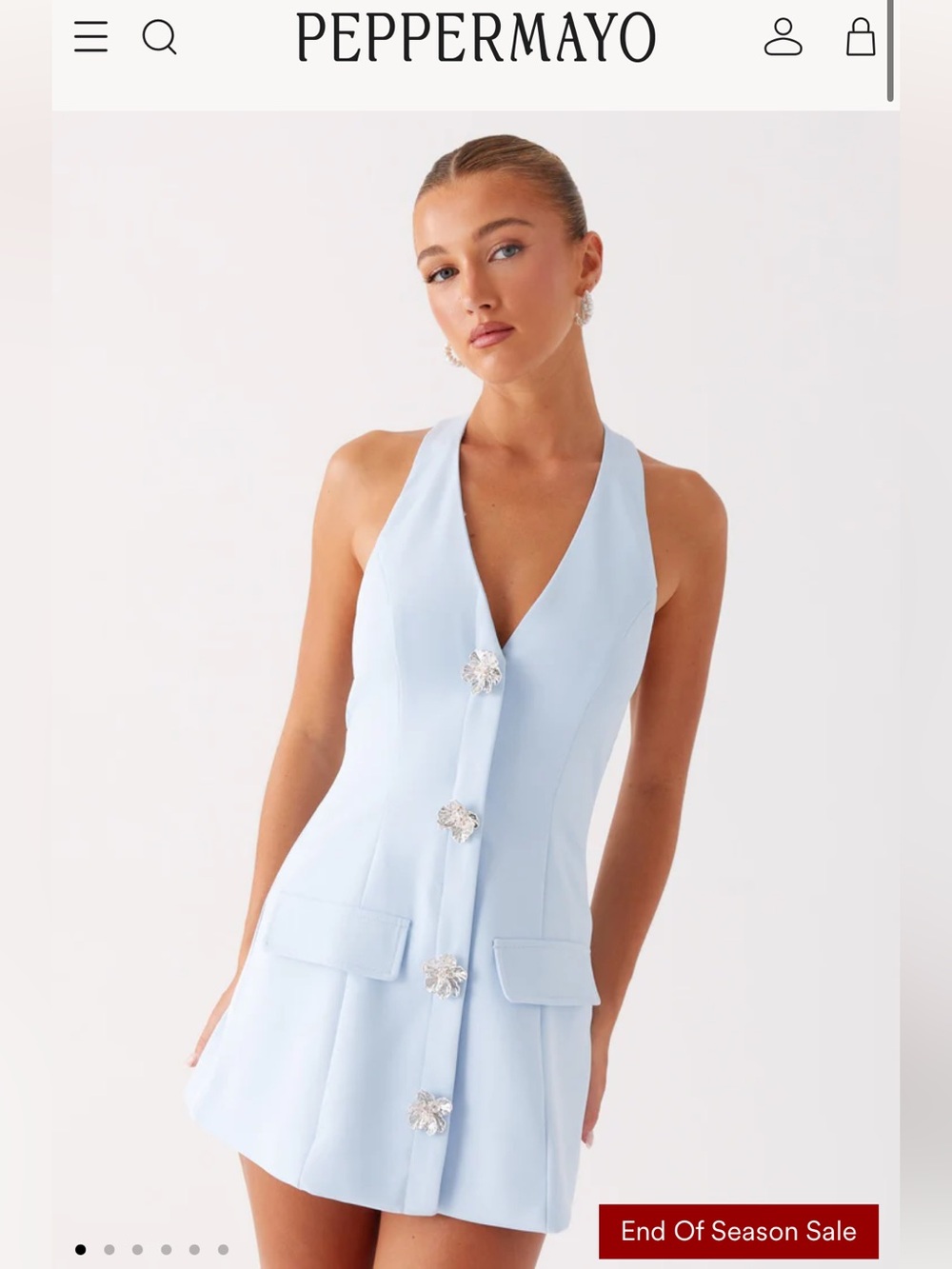 NWT Peppermayo Light Blue Halter Mini Dress with flower Buttons